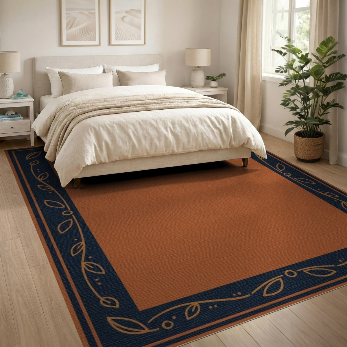 Orange Floral Leaf Border Area Rug