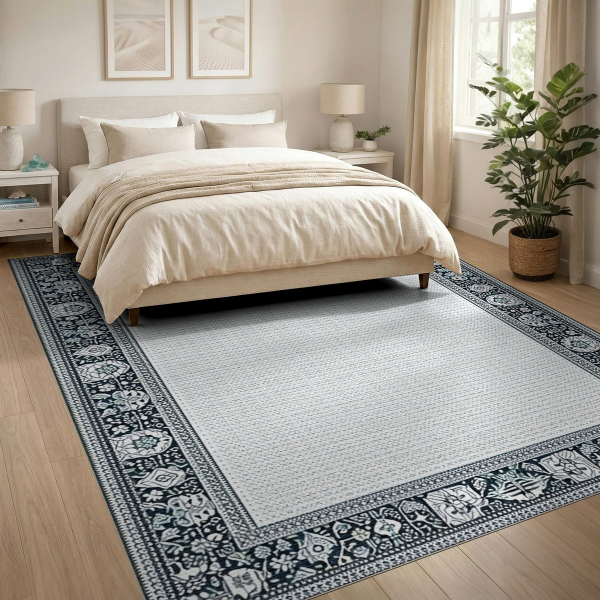 Black White Floral Border Area Rug