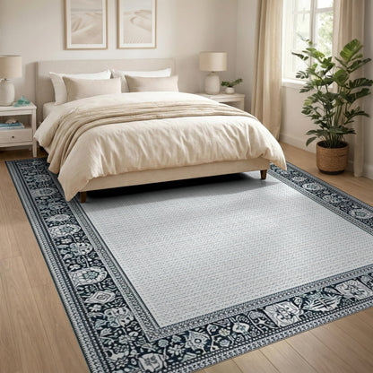 Black White Floral Border Area Rug