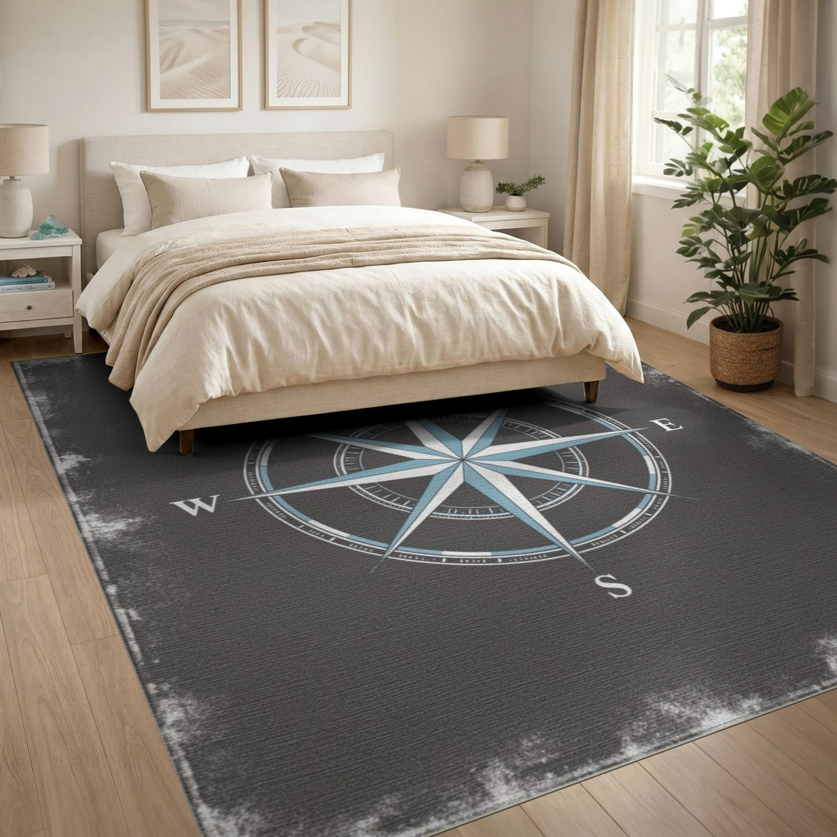 Blue Compass Rose Distressed Area Rug