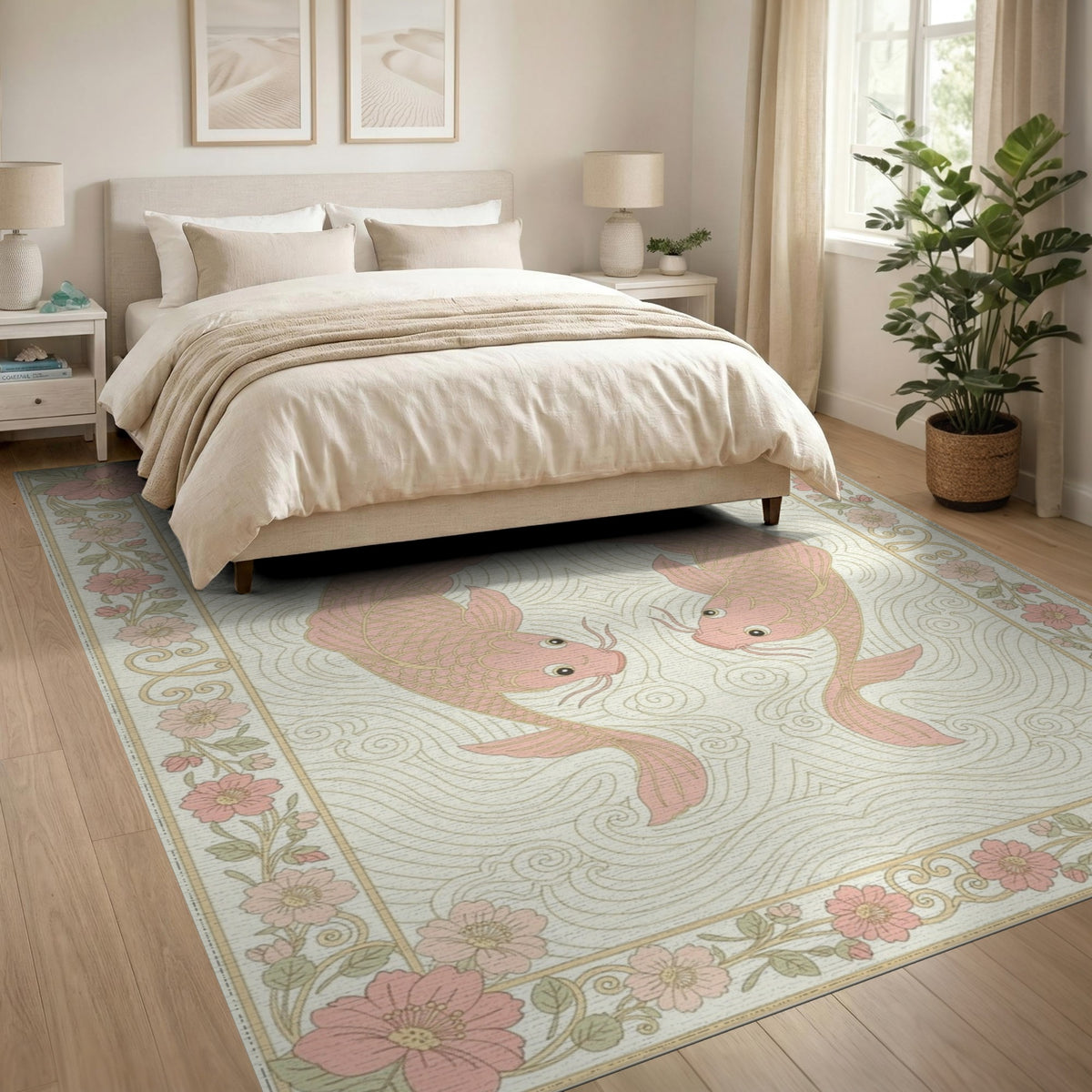 Pink Koi Fish Floral Vintage Area Rug