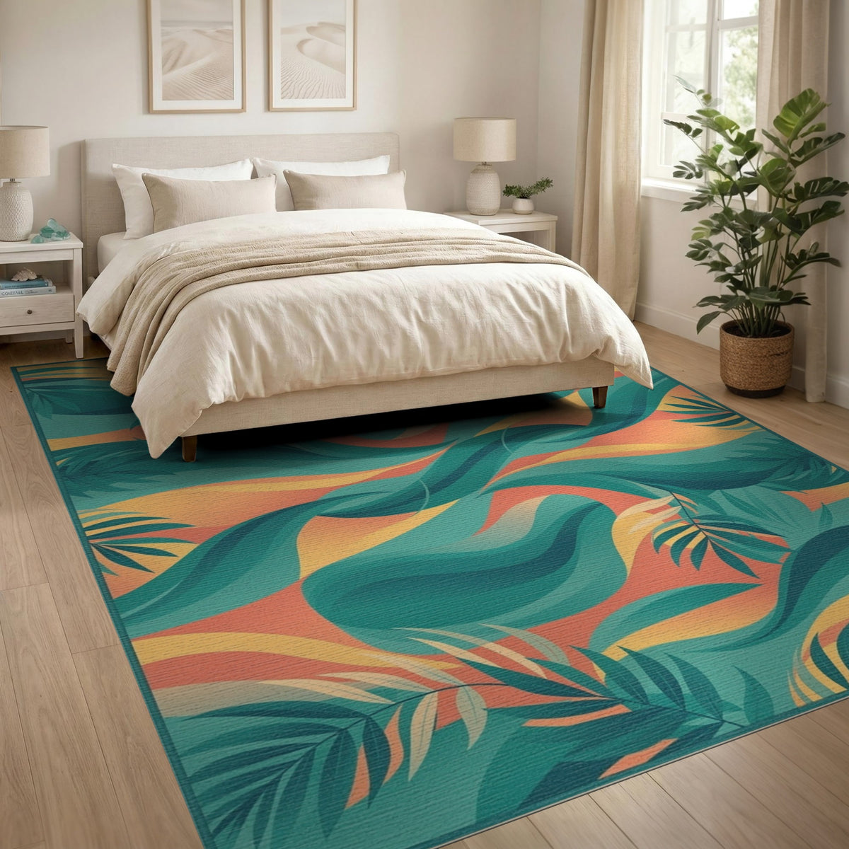 Blue Teal Abstract Palm Area Rug