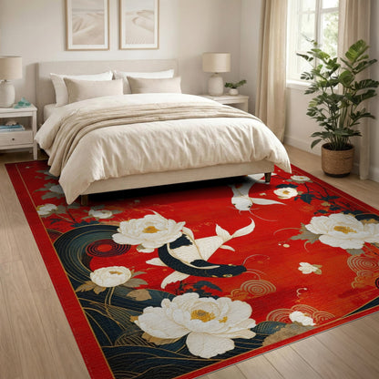 Red Koi Peony Floral Washable Area Rug