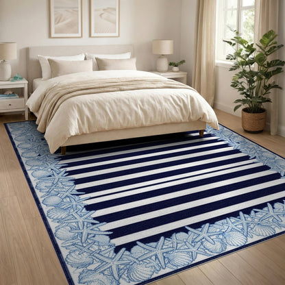 Navy Striped Coastal Area Rug with Seashell Starfish Border