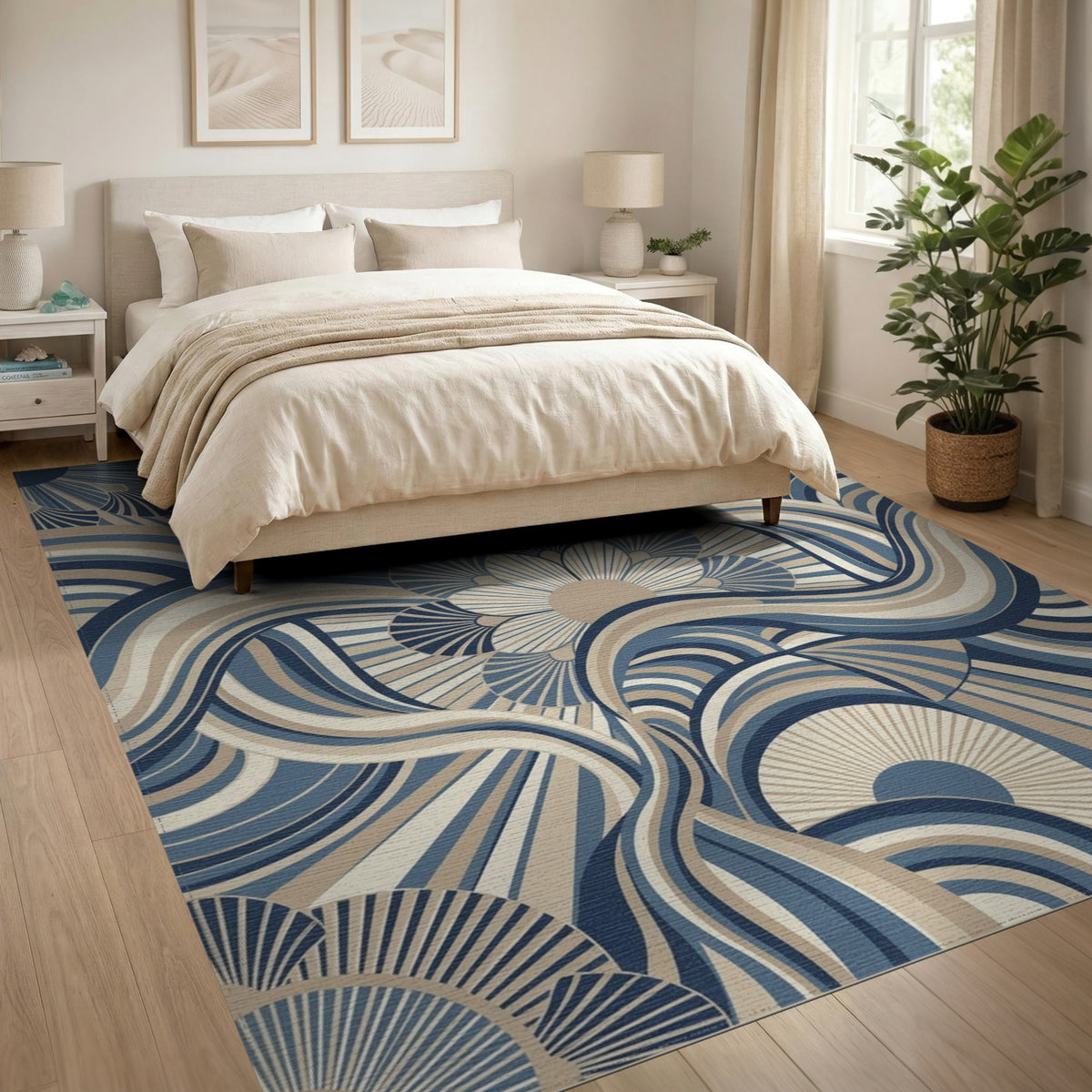 Blue Teal Abstract Wave Floral Area Rug