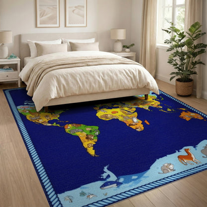 World Map Animals Kids Area Rug
