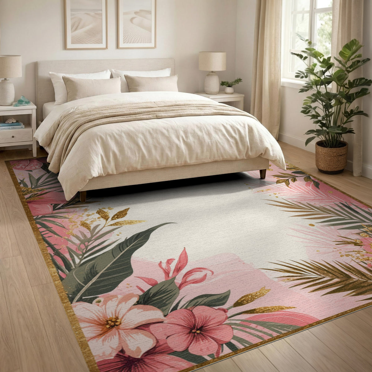 Pink Floral Vintage Pink Floral Gold Washable Area Rug
