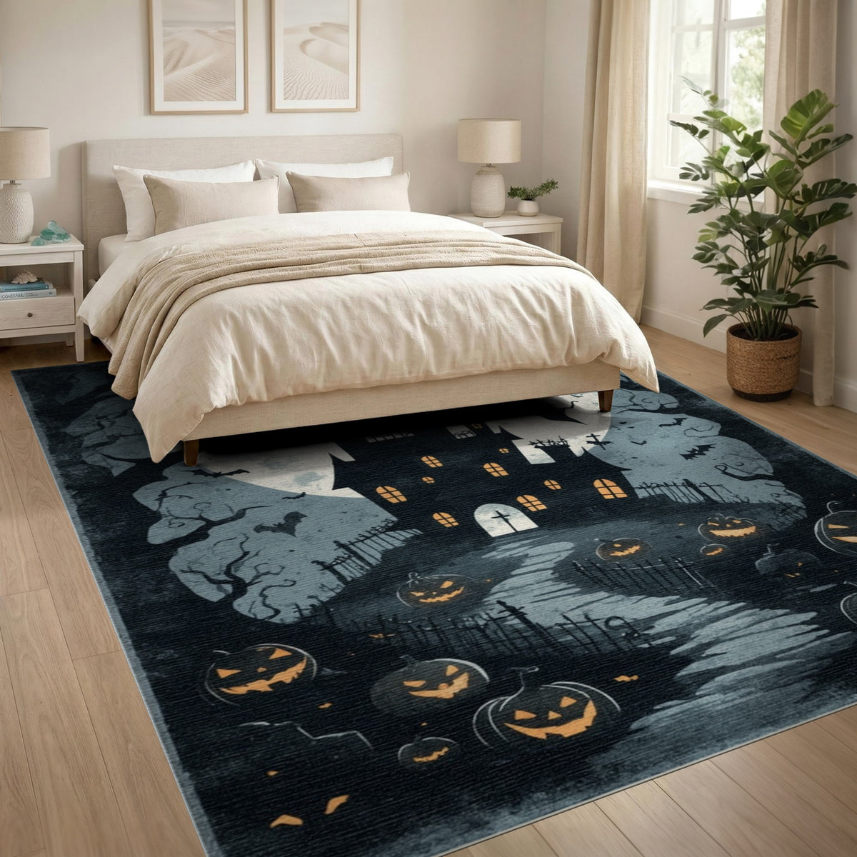 Black and White Haunted Castle Halloween Area Rug