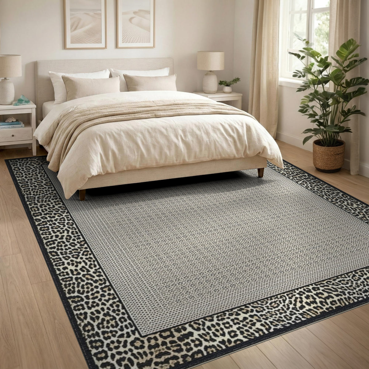 Leopard Border Neutral Geometric Area Rug