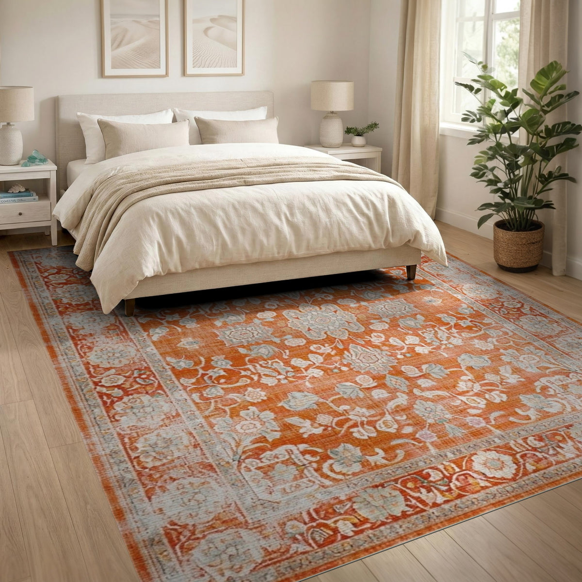 Orange Floral Vintage Area Rug