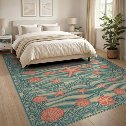 Teal Coastal Starfish and Seashell Area Rug