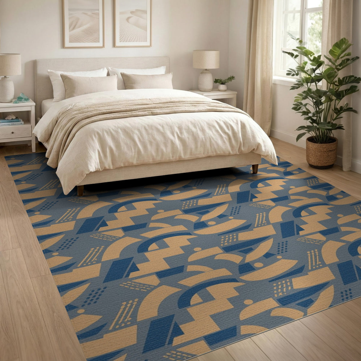 Navy Blue Tan Geometric Area Rug