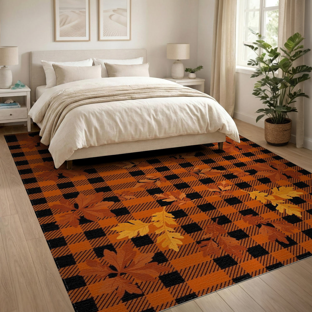 Orange Black Plaid Autumn Leaves Area Rug