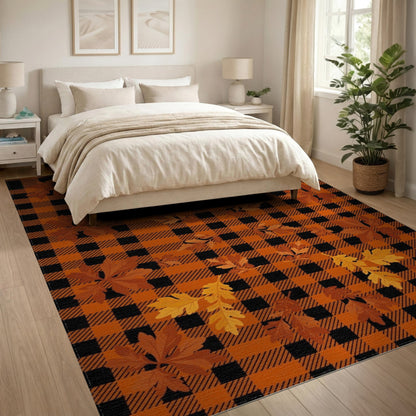 Orange Black Plaid Autumn Leaves Area Rug