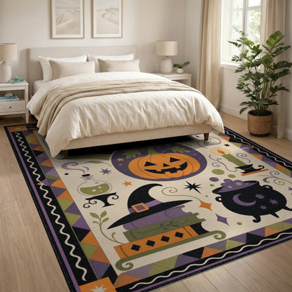 Halloween Multi-color and Patterns Halloween Black Cat Pumpkin Area Rug