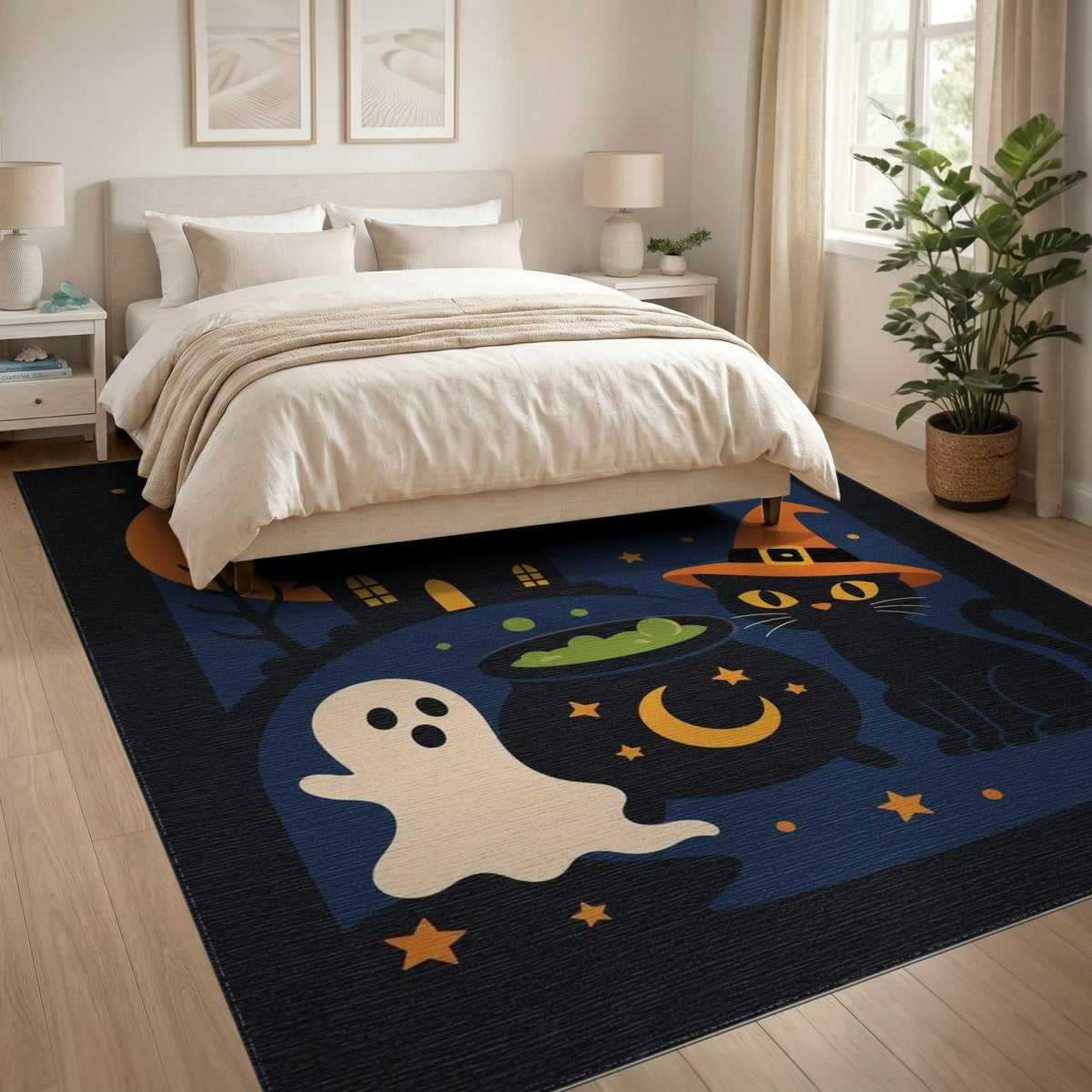 Spooky Halloween Witch Cat Area Rug