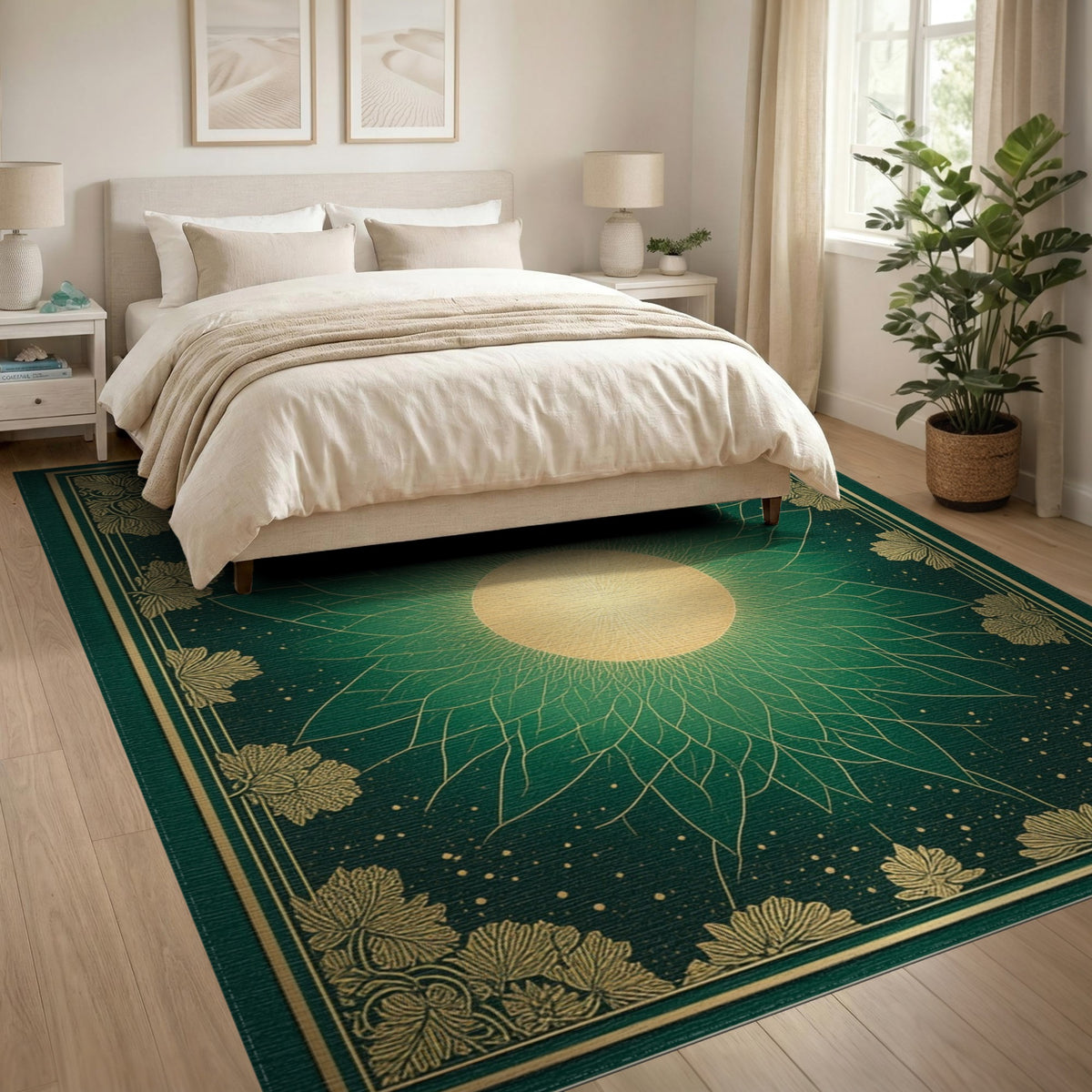 Green Gold Sunburst Leaf Floral Area Rug