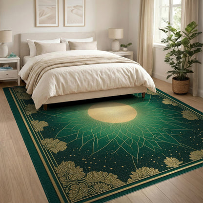 Green Gold Sunburst Leaf Floral Area Rug