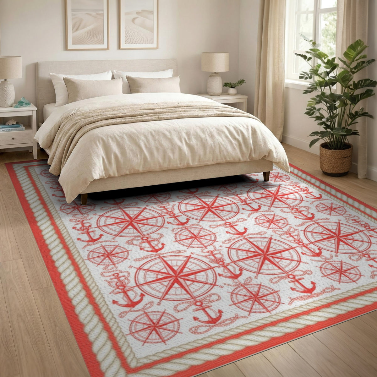 Coastal Beach Red Nautical Anchor Compass Area Rug