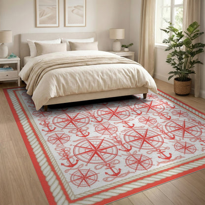 Coastal Beach Red Nautical Anchor Compass Area Rug