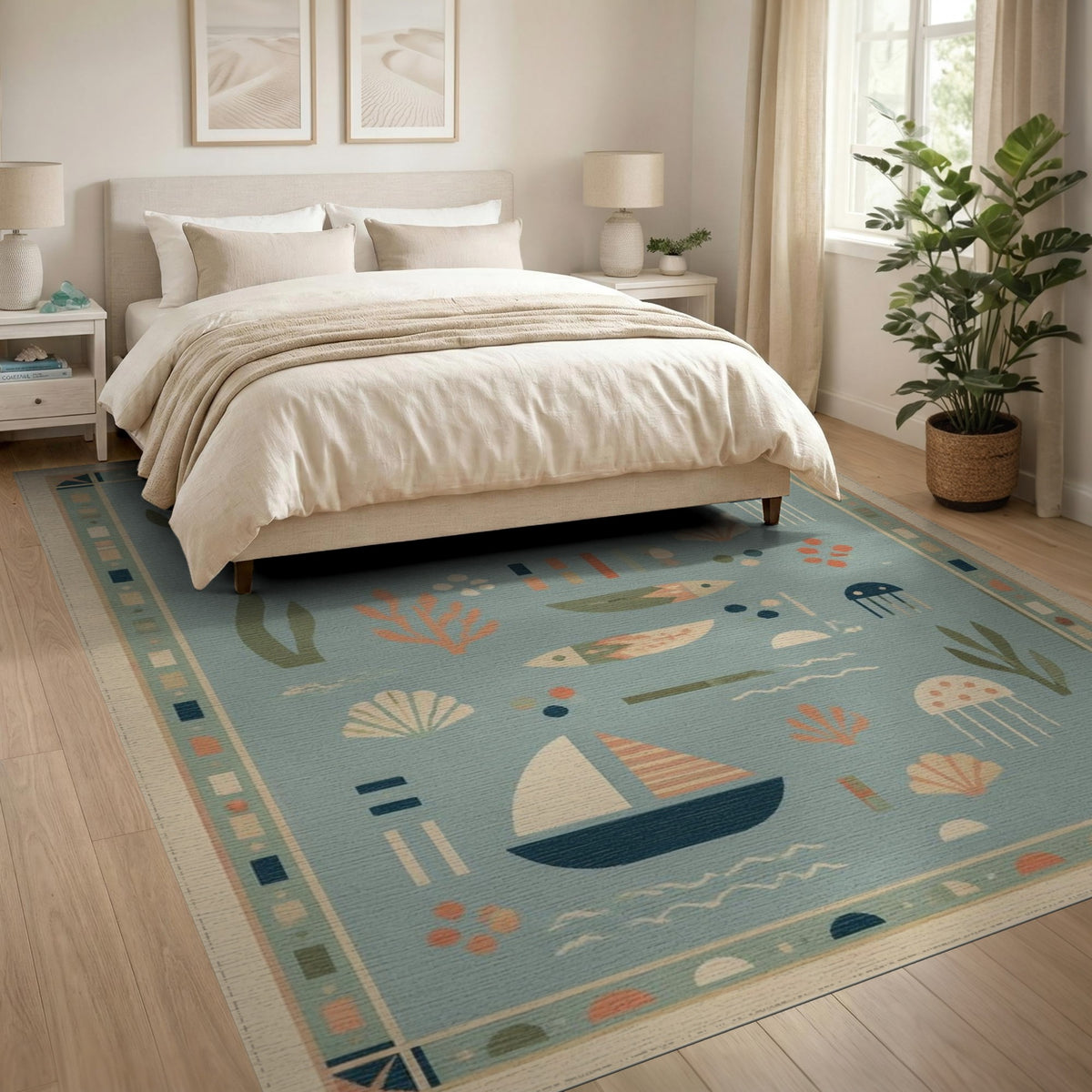 Blue Coastal Sailboats Area Rug