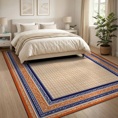 Orange Scroll Border Geometric Area Rug
