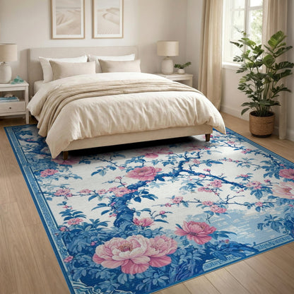 Blue Peony Floral Washable Area Rug