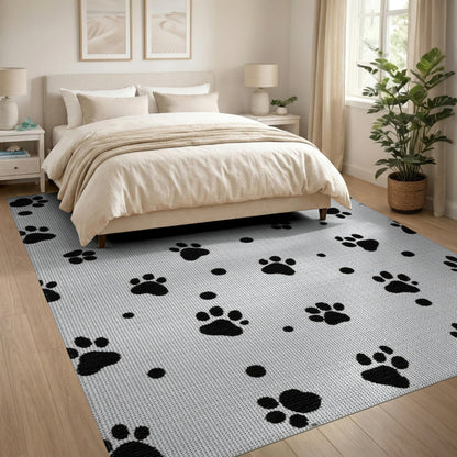 Black Paw Print Washable Kids Area Rug