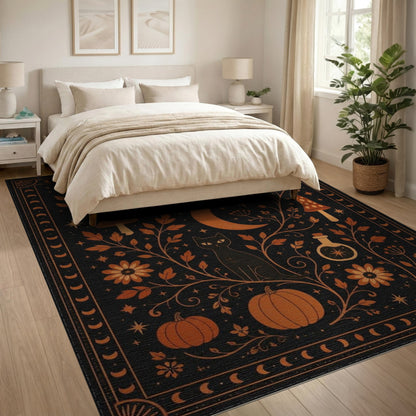 Orange Mystical Black Cat Moon Area Rug