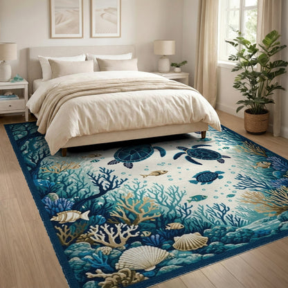 Blue and Teal Blue Teal Sea Turtle Coastal Area Rug