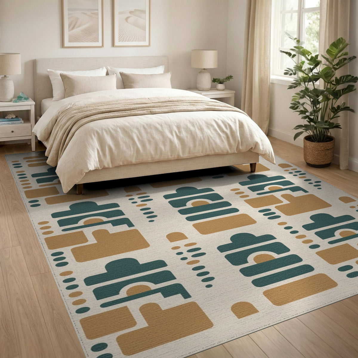 Geometric Brown Teal Area Rug