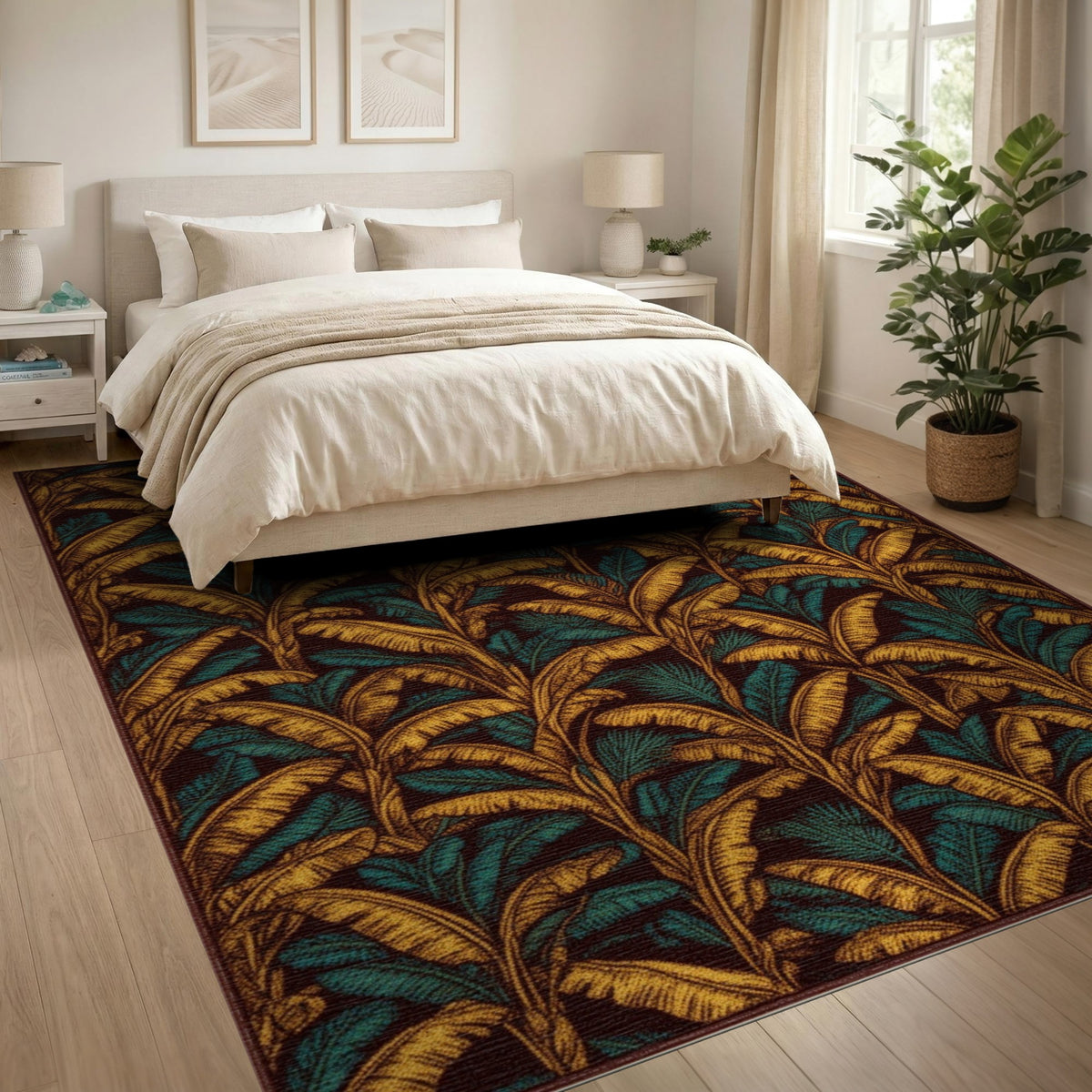 Gold Teal Leaf Boho Area Rug