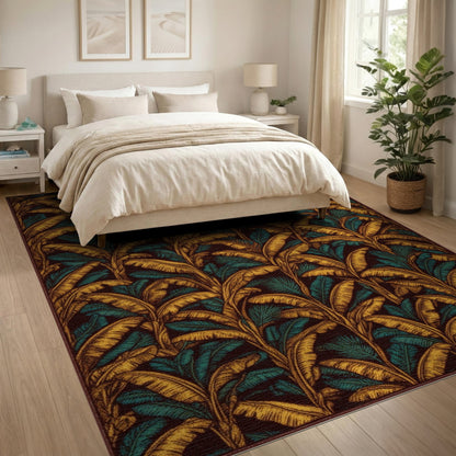 Gold Teal Leaf Boho Area Rug
