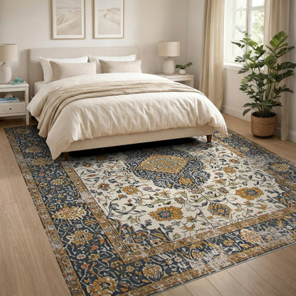 ODIKA Navy Persian Floral Medallion Area Rug