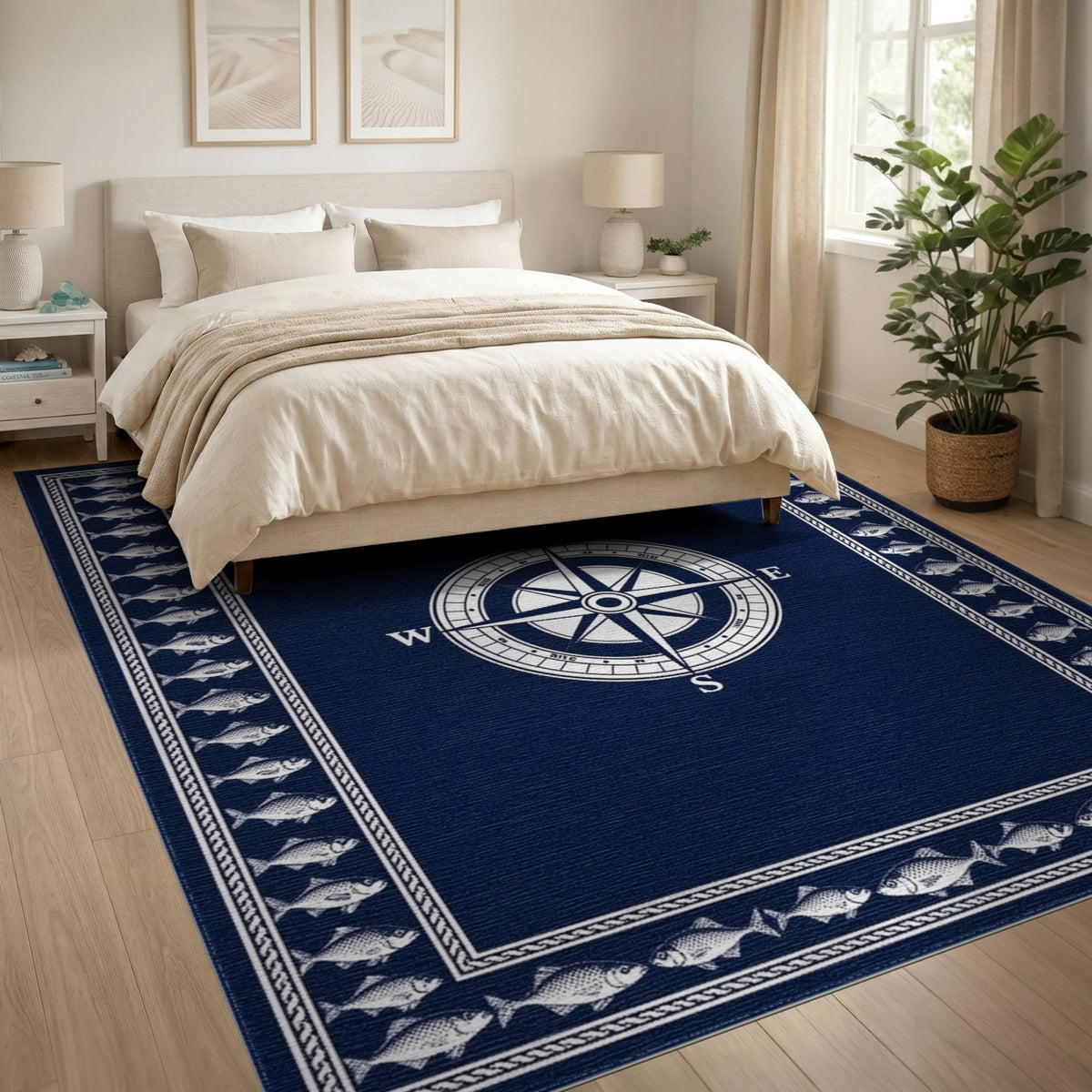 Navy Compass Fish Coastal Area Rug