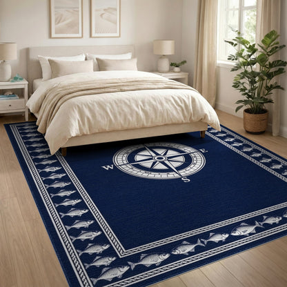 Navy Compass Fish Coastal Area Rug