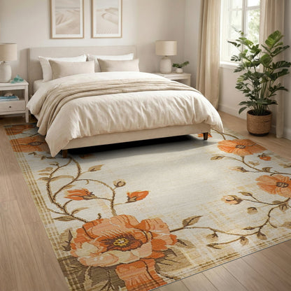 Orange Poppy Floral Vintage Rug