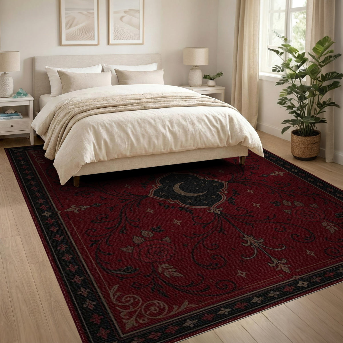 Red Rose Crescent Moon Floral Rug