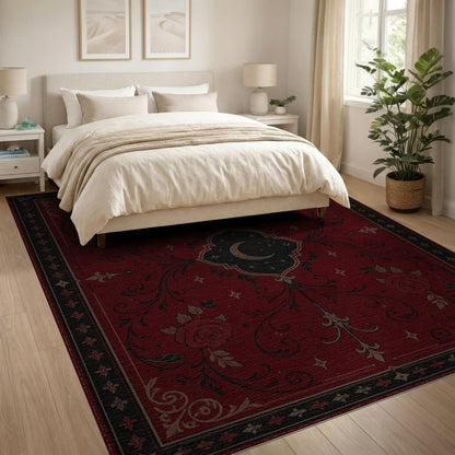 Red Rose Crescent Moon Floral Rug