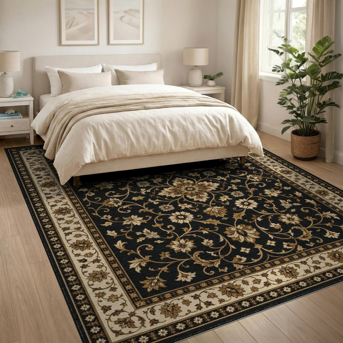 Black Floral Medallion Area Rug