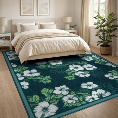 Blue and Teal Hibiscus Floral Area Rug