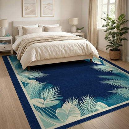 Blue Teal Palm Leaf Coastal Area Rug