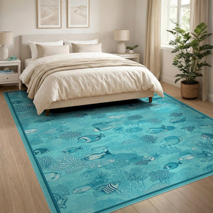 Teal Ocean Fish Coral Area Rug