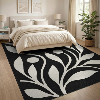 Black and White Abstract Area Black White Abstract Leaf Area Rug