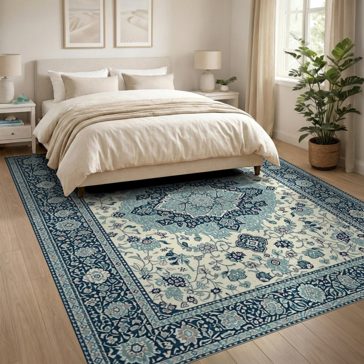 Traditional Persian Blue and Teal Blue Teal Persian Floral Medallion Area Rug