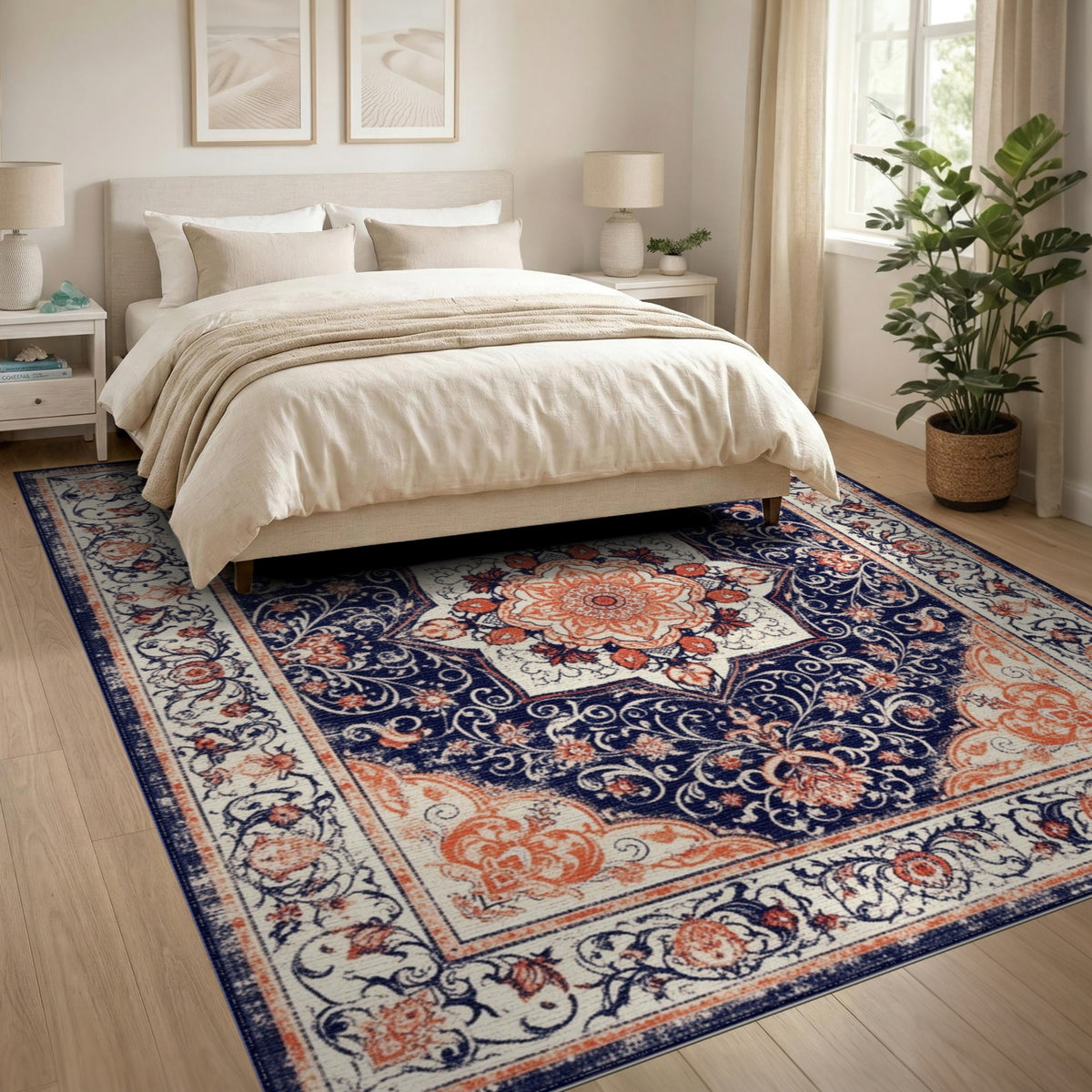 Navy Blue Floral Persian Area Rug