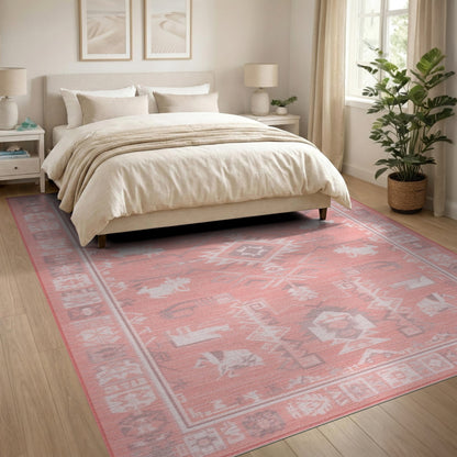Pink Southwestern Area Rug with Tribal Animals