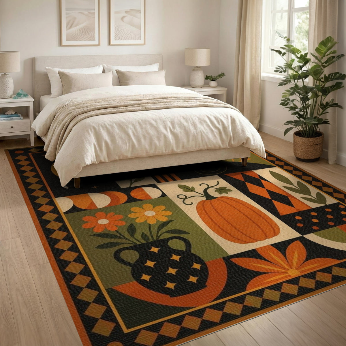 Multi-color and Patterns Black Cat Pumpkin Geometric Area Rug