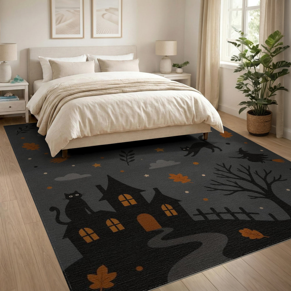 Grey Halloween Witches Cats Kids Cartoon Area Rug