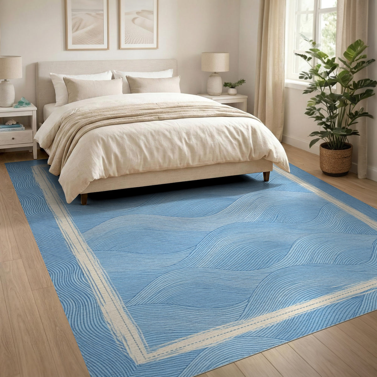 Coastal Beach Blue and Teal Blue Wave Coastal Washable Area Rug